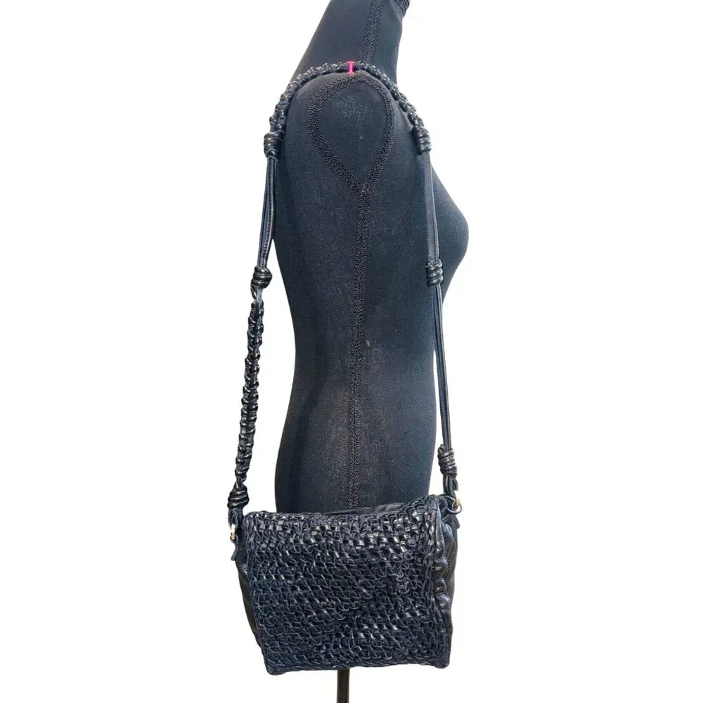 VTG Handwoven Black Leather Crossbody Handbag Adjustable Strap Textured Boho - Picture 2 of 16